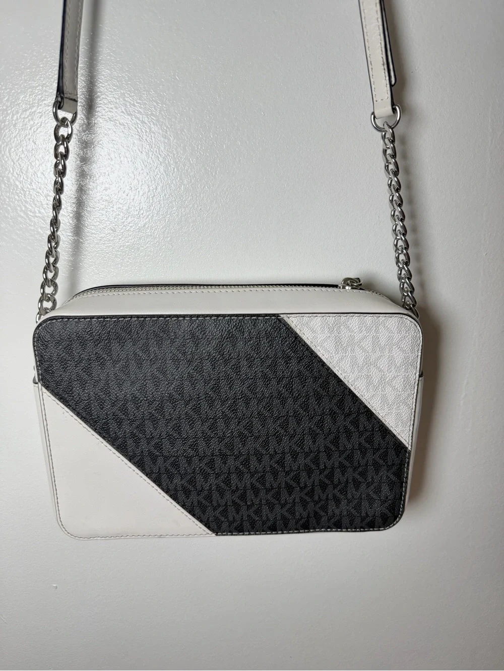 Michael Kors Black and White Diagonal Colorblock Messenger Bag